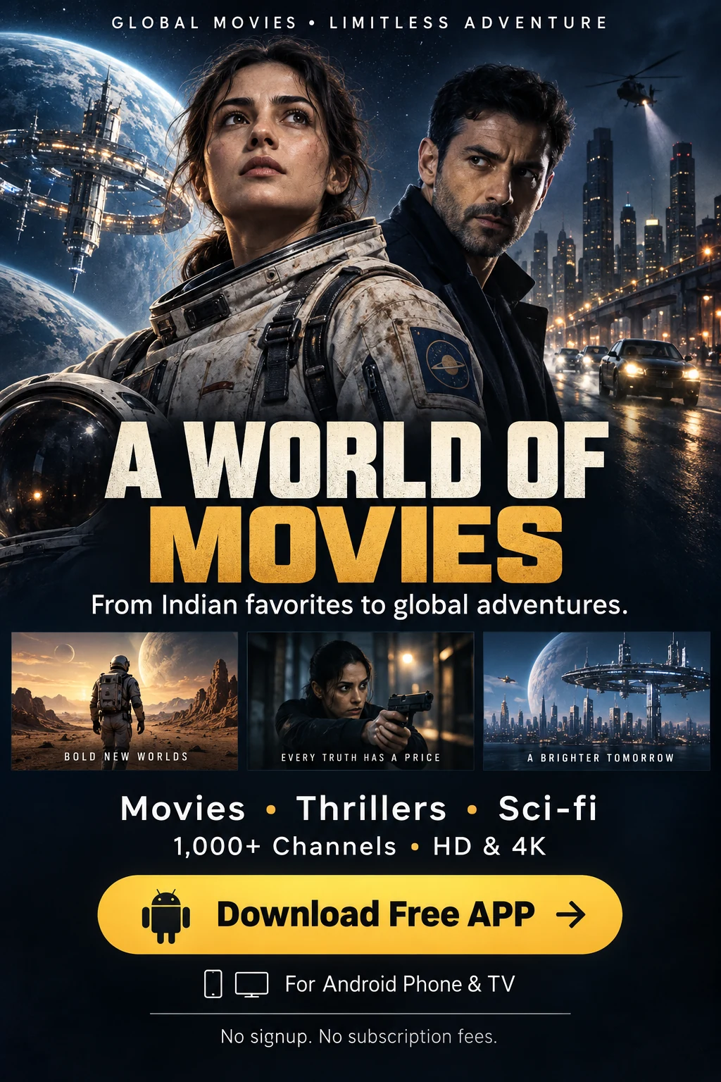 Global movies promotional poster with Download Free APP button for Android phone and TV