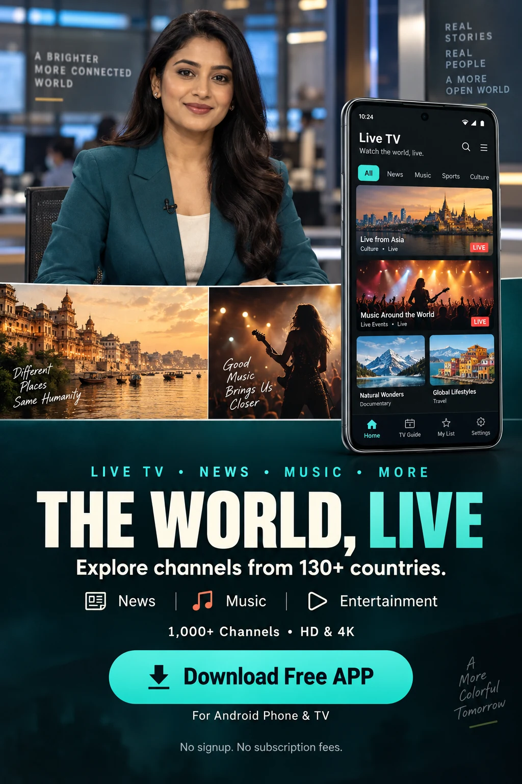 Global live TV promotional poster with Download Free APP button for Android phone and TV
